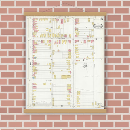 Old map wall art mockup — magnetic wood frame on brick wall — Sanborn Fire Insurance Map from Chambersburg, Franklin County, Pennsylvania (1904), Sheet #0018
