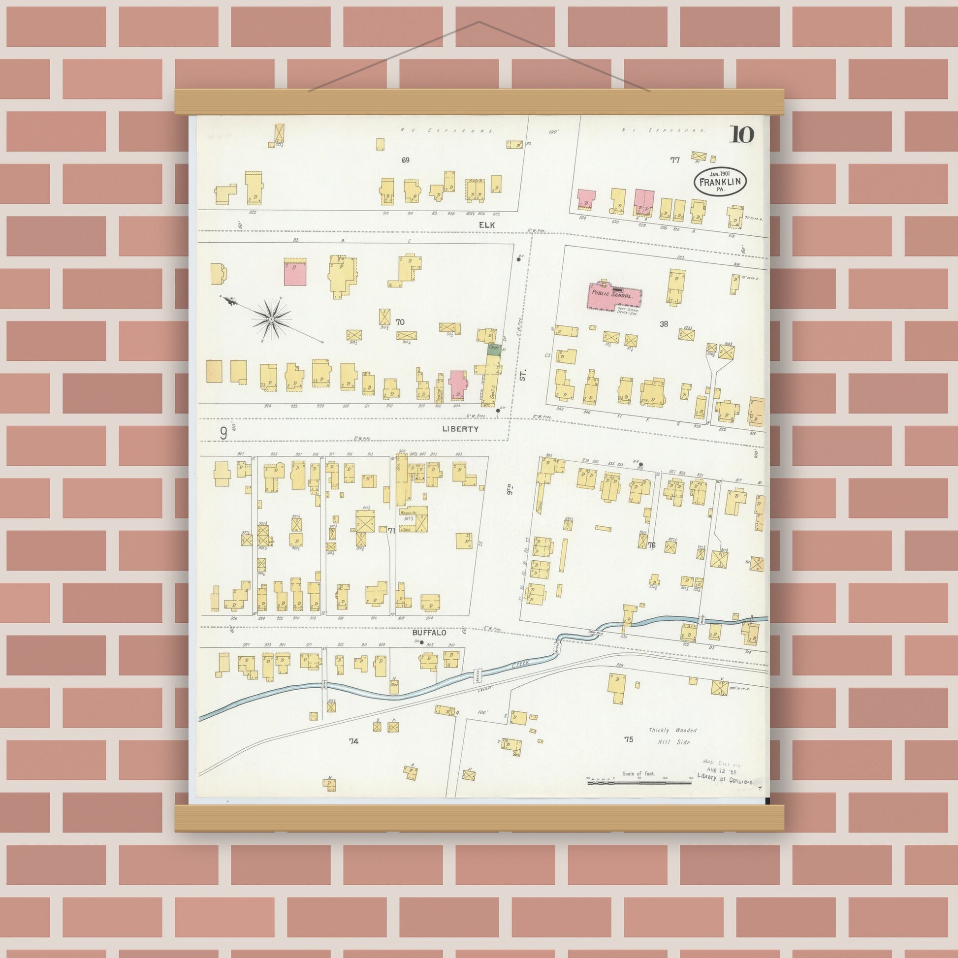 Old map wall art mockup — magnetic wood frame on brick wall — Sanborn Fire Insurance Map from Franklin, Venango County, Pennsylvania (1901), Sheet #0010