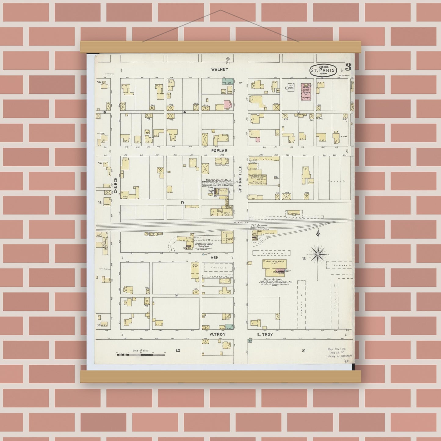 Old map wall art mockup — magnetic wood frame on brick wall — Sanborn Fire Insurance Map from Saint Paris, Champaign County, Ohio (1895), Sheet #0003