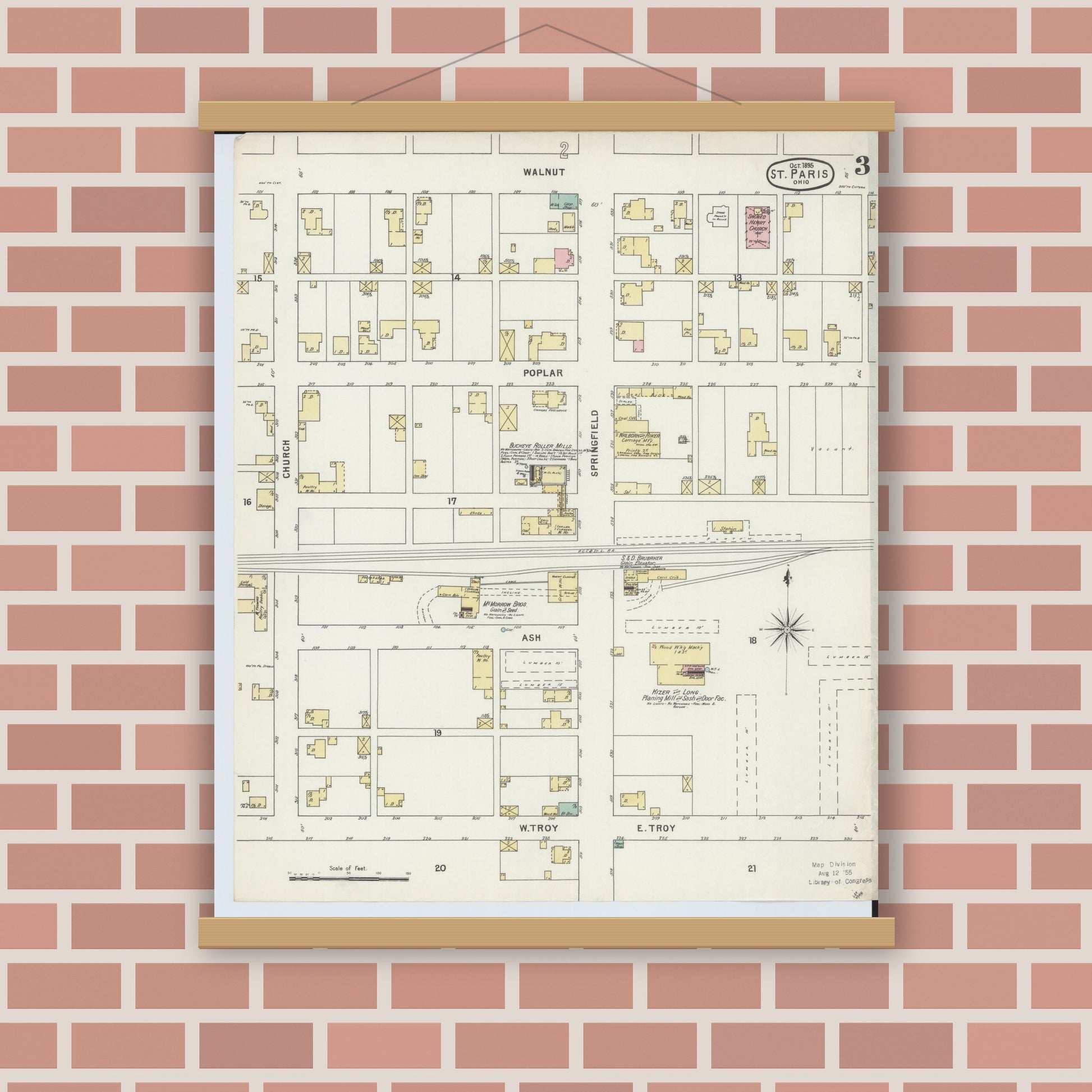 Old map wall art mockup — magnetic wood frame on brick wall — Sanborn Fire Insurance Map from Saint Paris, Champaign County, Ohio (1895), Sheet #0003