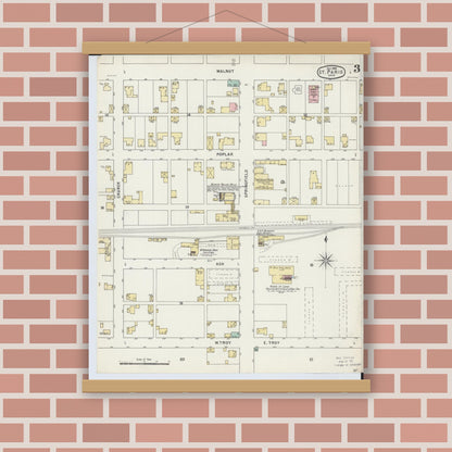 Old map wall art mockup — magnetic wood frame on brick wall — Sanborn Fire Insurance Map from Saint Paris, Champaign County, Ohio (1895), Sheet #0003