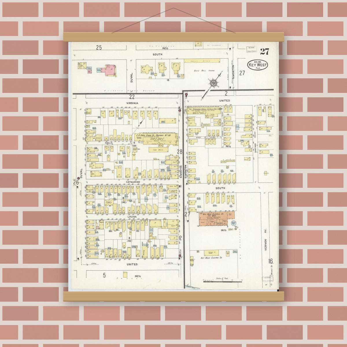 Old map wall art mockup — magnetic wood frame on brick wall — Sanborn Fire Insurance Map from Key West, Monroe County, Florida (1912), Sheet #0027
