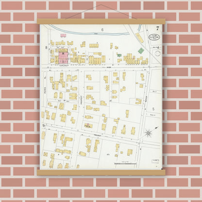 Old map wall art mockup — magnetic wood frame on brick wall — Sanborn Fire Insurance Map from Clinton, Worcester County, Massachusetts (1899), Sheet #0007