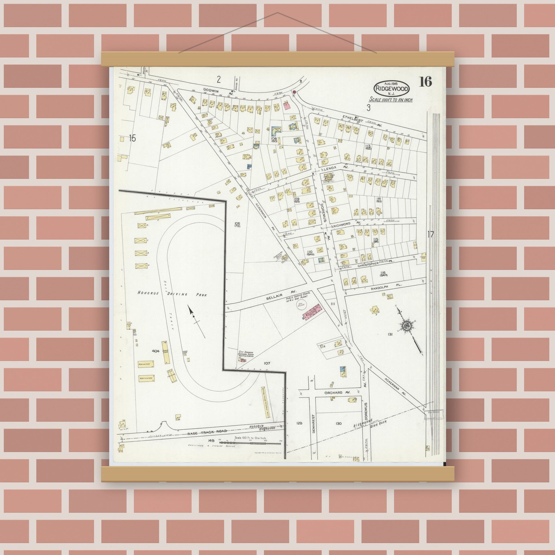 Old map wall art mockup — magnetic wood frame on brick wall — Sanborn Fire Insurance Map from Ridgewood, Bergen County, New Jersey (1916), Sheet #0016