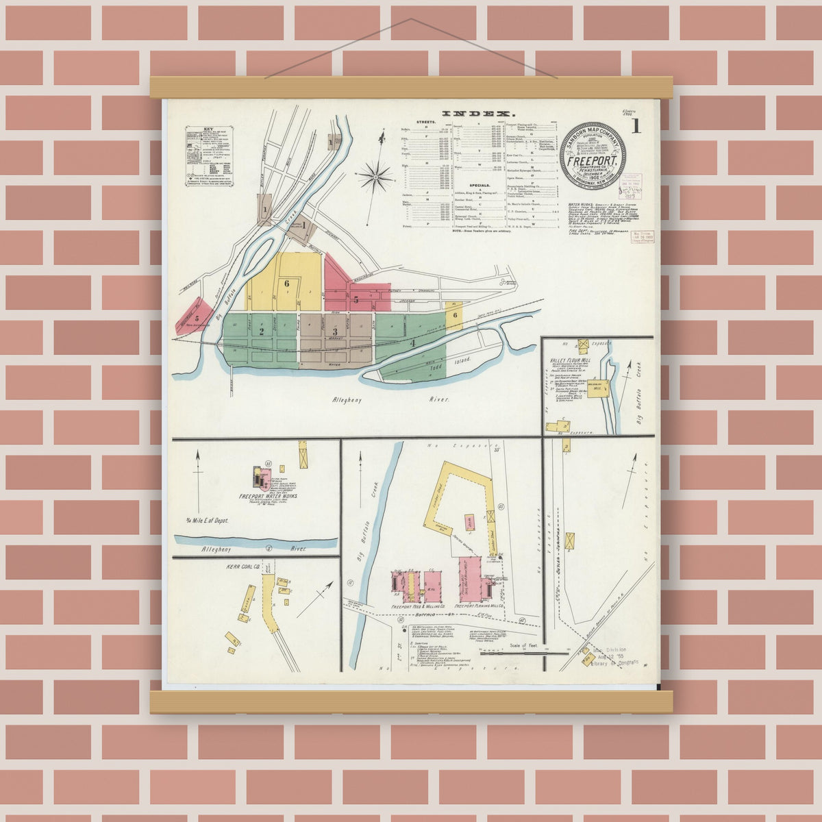 Old map wall art mockup — magnetic wood frame on brick wall — Sanborn Fire Insurance Map from Freeport, Armstrong County, Pennsylvania (1902), Sheet #0001
