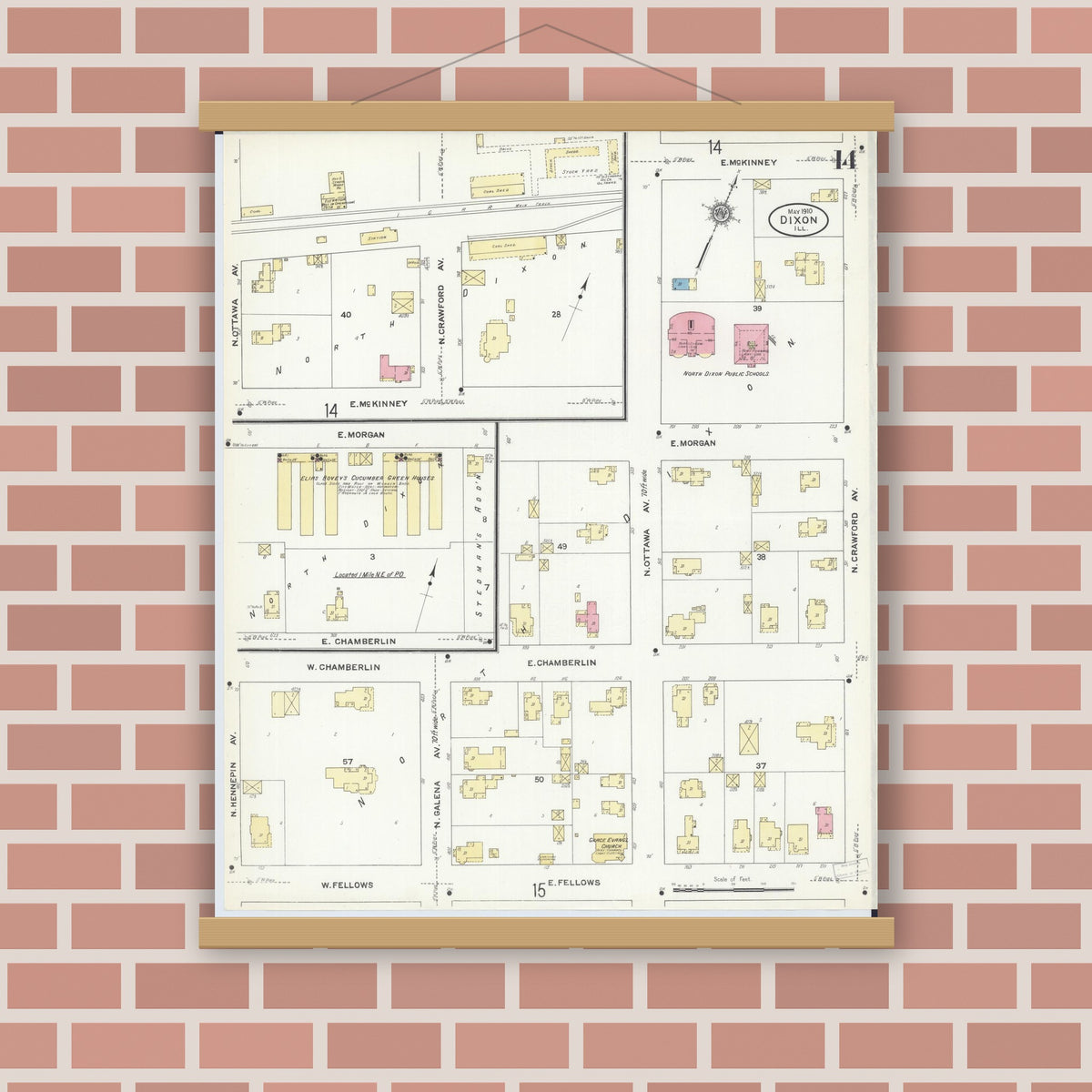 Old map wall art mockup — magnetic wood frame on brick wall — Sanborn Fire Insurance Map from Dixon, Lee County, Illinois (1910), Sheet #0014
