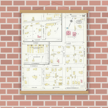Old map wall art mockup — magnetic wood frame on brick wall — Sanborn Fire Insurance Map from Dixon, Lee County, Illinois (1910), Sheet #0014