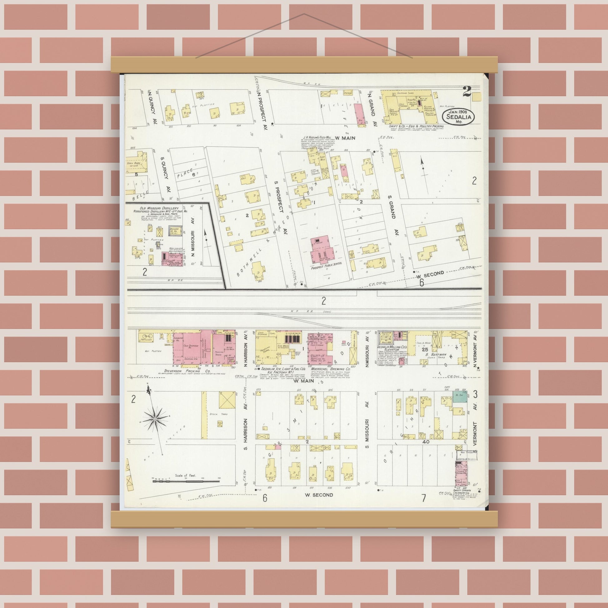 Old map wall art mockup — magnetic wood frame on brick wall — Sanborn Fire Insurance Map from Sedalia, Pettis County, Missouri (1908), Sheet #0002