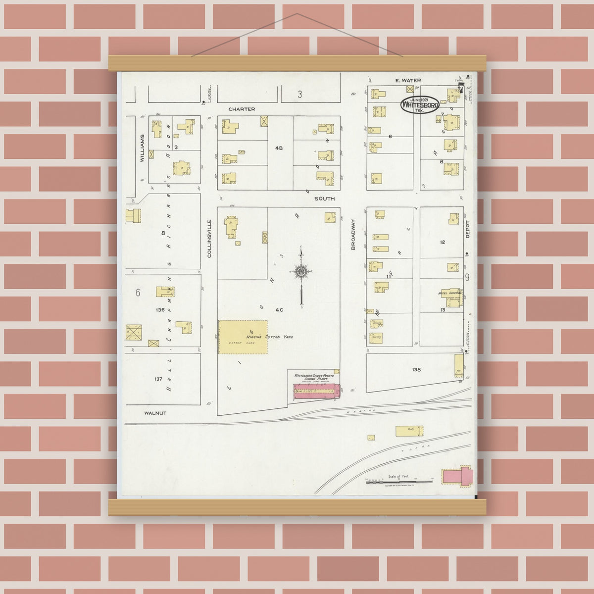 Old map wall art mockup — magnetic wood frame on brick wall — Sanborn Fire Insurance Map from Whitesboro, Grayson County, Texas (1921), Sheet #0007
