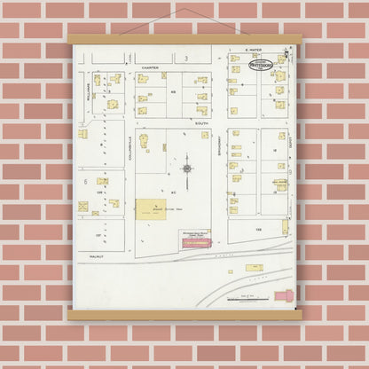 Old map wall art mockup — magnetic wood frame on brick wall — Sanborn Fire Insurance Map from Whitesboro, Grayson County, Texas (1921), Sheet #0007