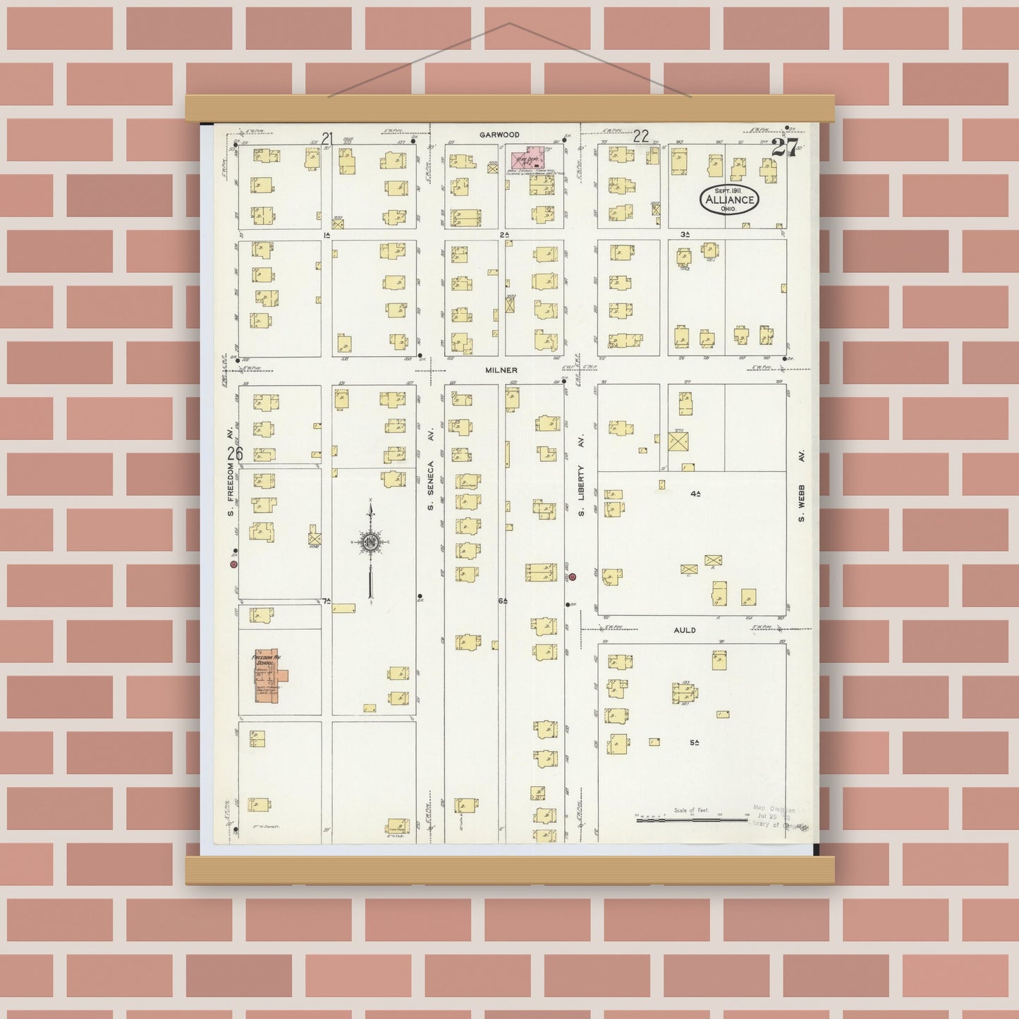 Old map wall art mockup — magnetic wood frame on brick wall — Sanborn Fire Insurance Map from Alliance, Stark County, Ohio (1911), Sheet #0027