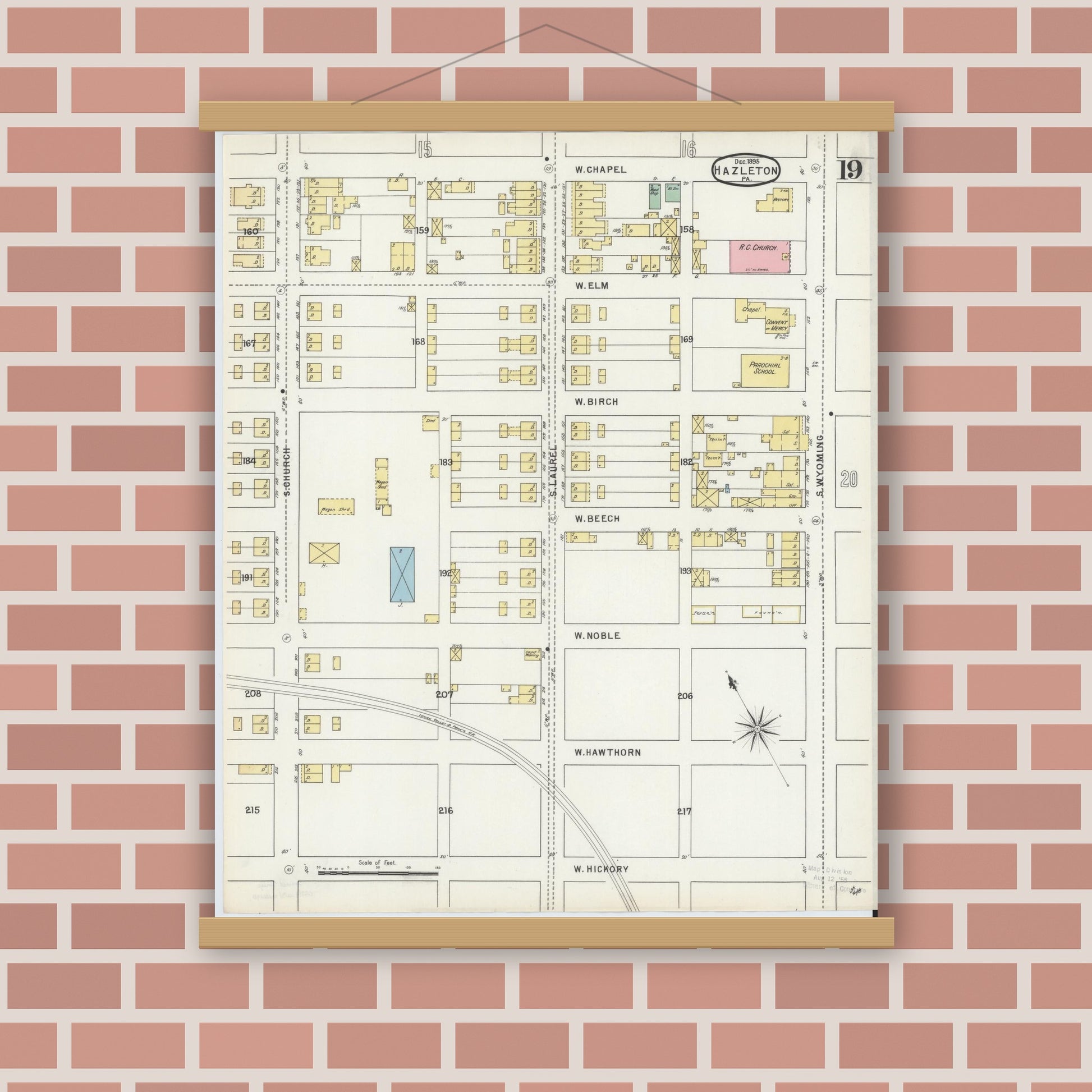 Old map wall art mockup — magnetic wood frame on brick wall — Sanborn Fire Insurance Map from Hazleton, Luzerne County, Pennsylvania (1895), Sheet #0019