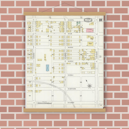 Old map wall art mockup — magnetic wood frame on brick wall — Sanborn Fire Insurance Map from Hazleton, Luzerne County, Pennsylvania (1895), Sheet #0019