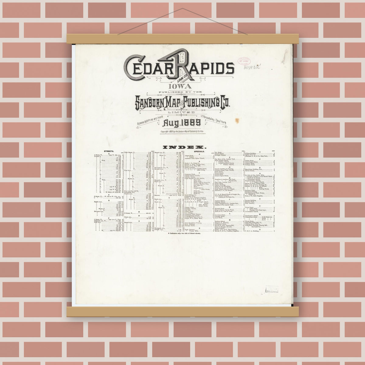 Old map wall art mockup — magnetic wood frame on brick wall — Sanborn Fire Insurance Map from Cedar Rapids, Linn County, Iowa (1889), Sheet #0001