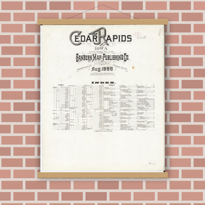 Old map wall art mockup — magnetic wood frame on brick wall — Sanborn Fire Insurance Map from Cedar Rapids, Linn County, Iowa (1889), Sheet #0001