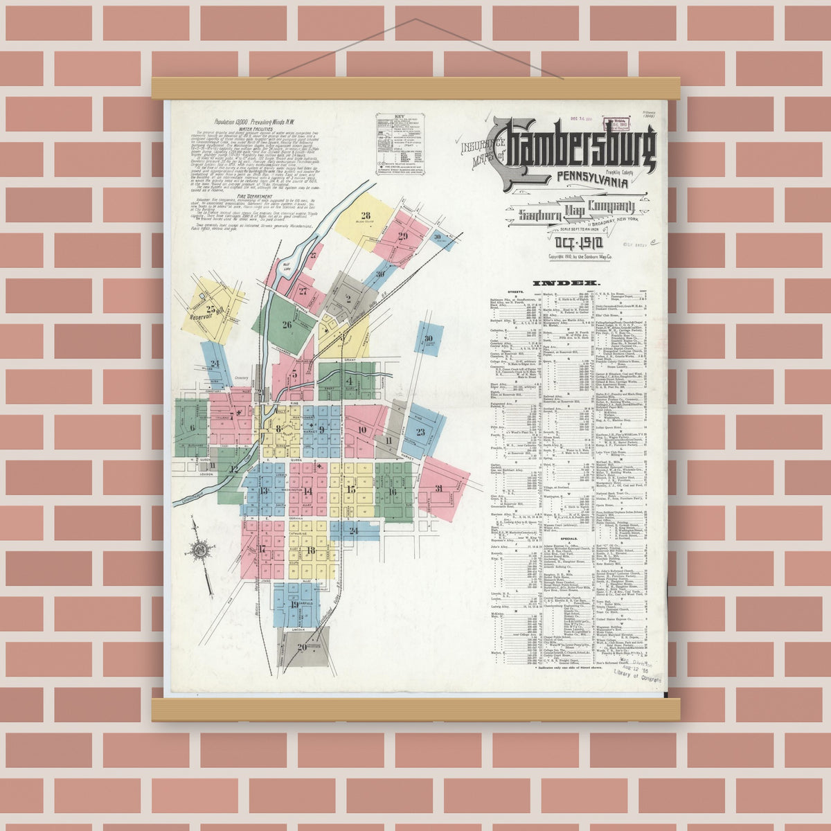 Old map wall art mockup — magnetic wood frame on brick wall — Sanborn Fire Insurance Map from Chambersburg, Franklin County, Pennsylvania (1910), Sheet #0001