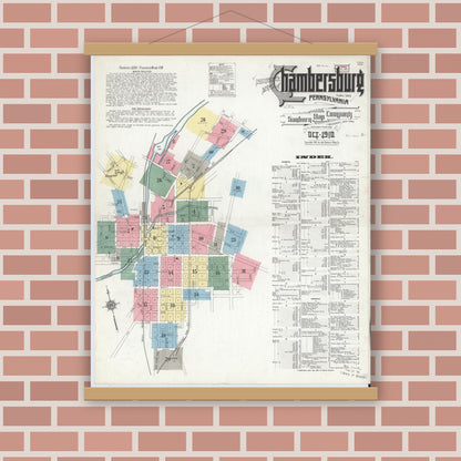 Old map wall art mockup — magnetic wood frame on brick wall — Sanborn Fire Insurance Map from Chambersburg, Franklin County, Pennsylvania (1910), Sheet #0001