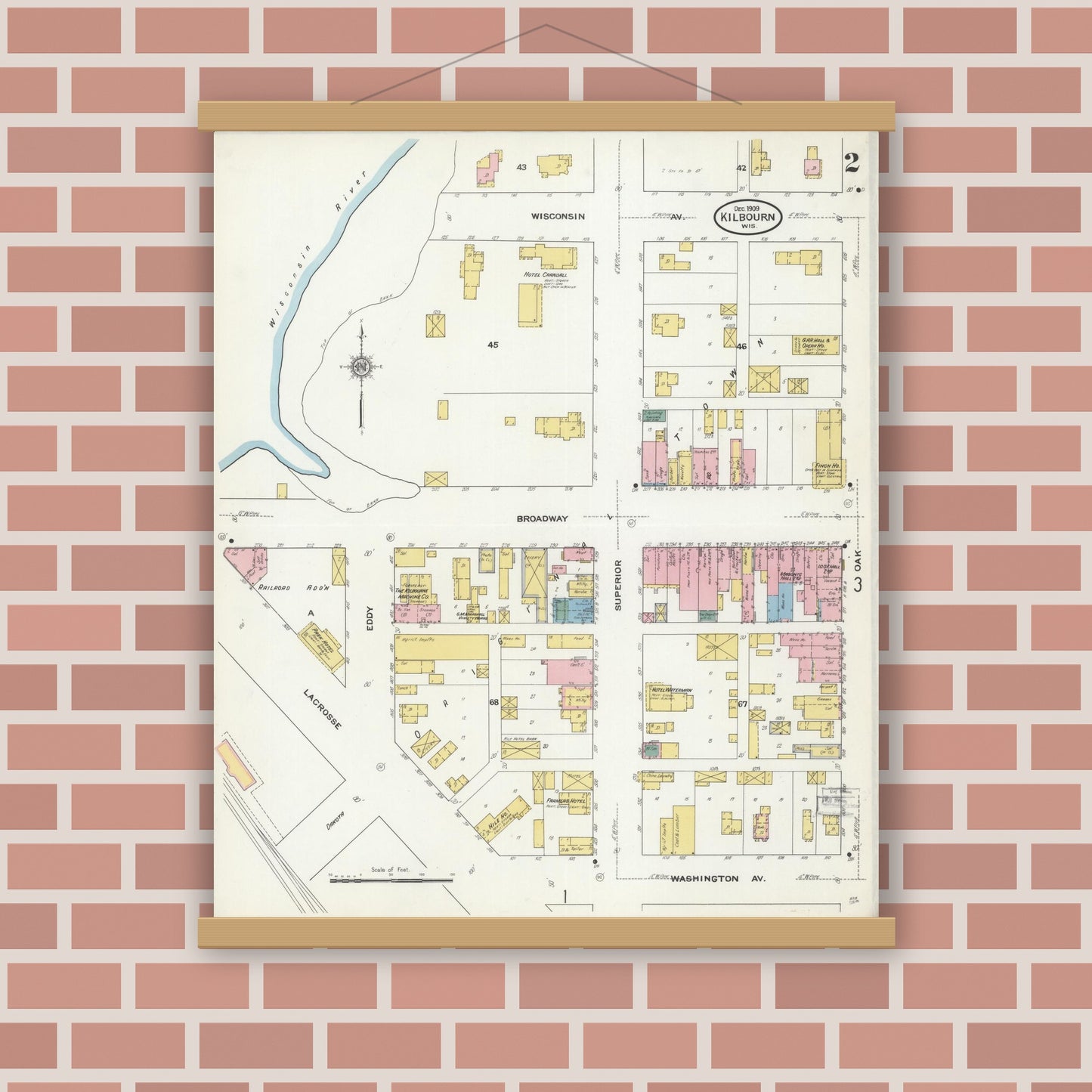 Old map wall art mockup — magnetic wood frame on brick wall — Sanborn Fire Insurance Map from Kilbourn, Columbia County, Wisconsin (1909), Sheet #0002