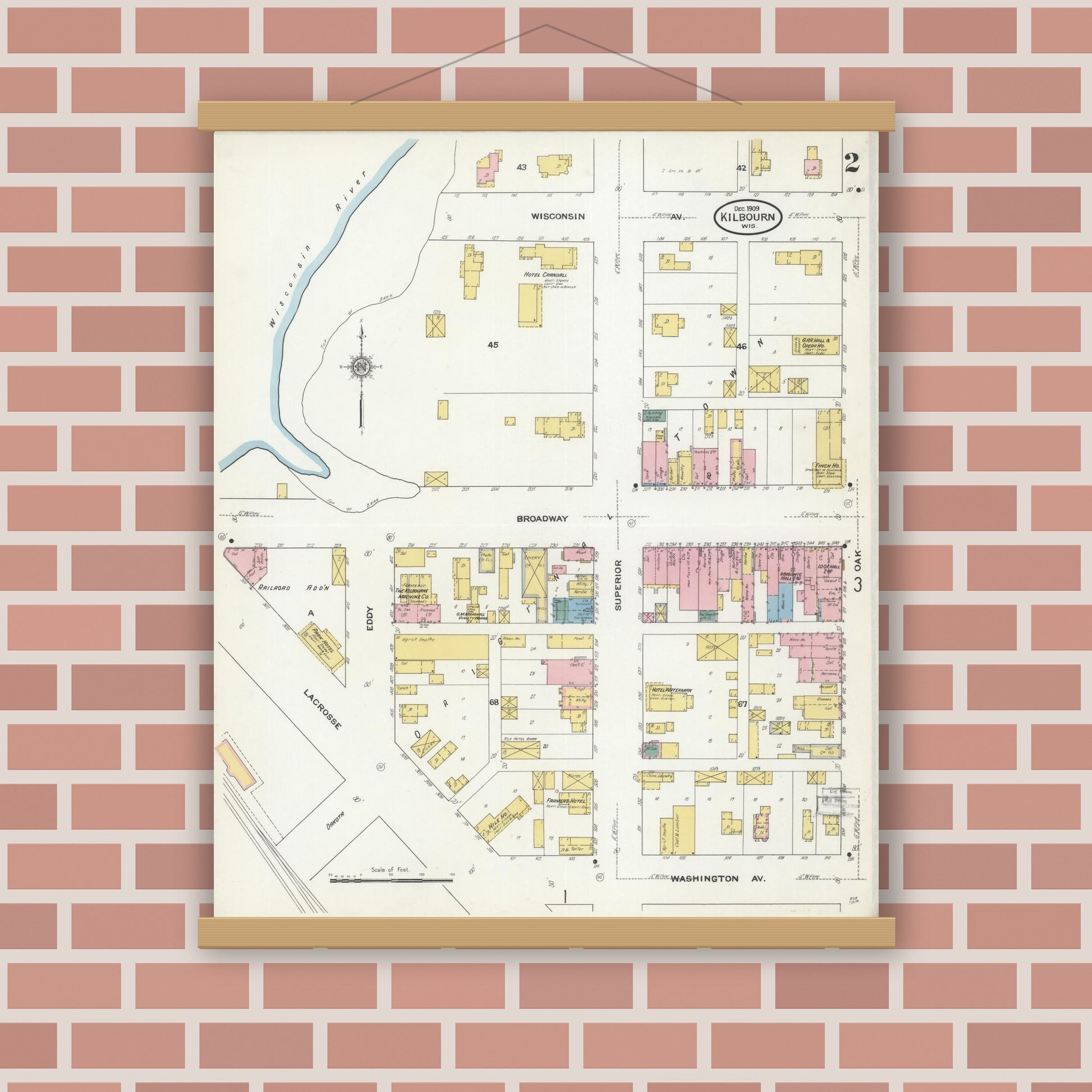 Old map wall art mockup — magnetic wood frame on brick wall — Sanborn Fire Insurance Map from Kilbourn, Columbia County, Wisconsin (1909), Sheet #0002