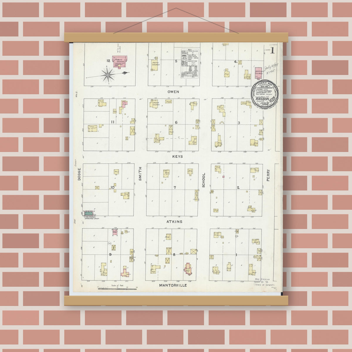 Old map wall art mockup — magnetic wood frame on brick wall — Sanborn Fire Insurance Map from Kasson, Dodge County, Minnesota (1891) - Complete Map Set
