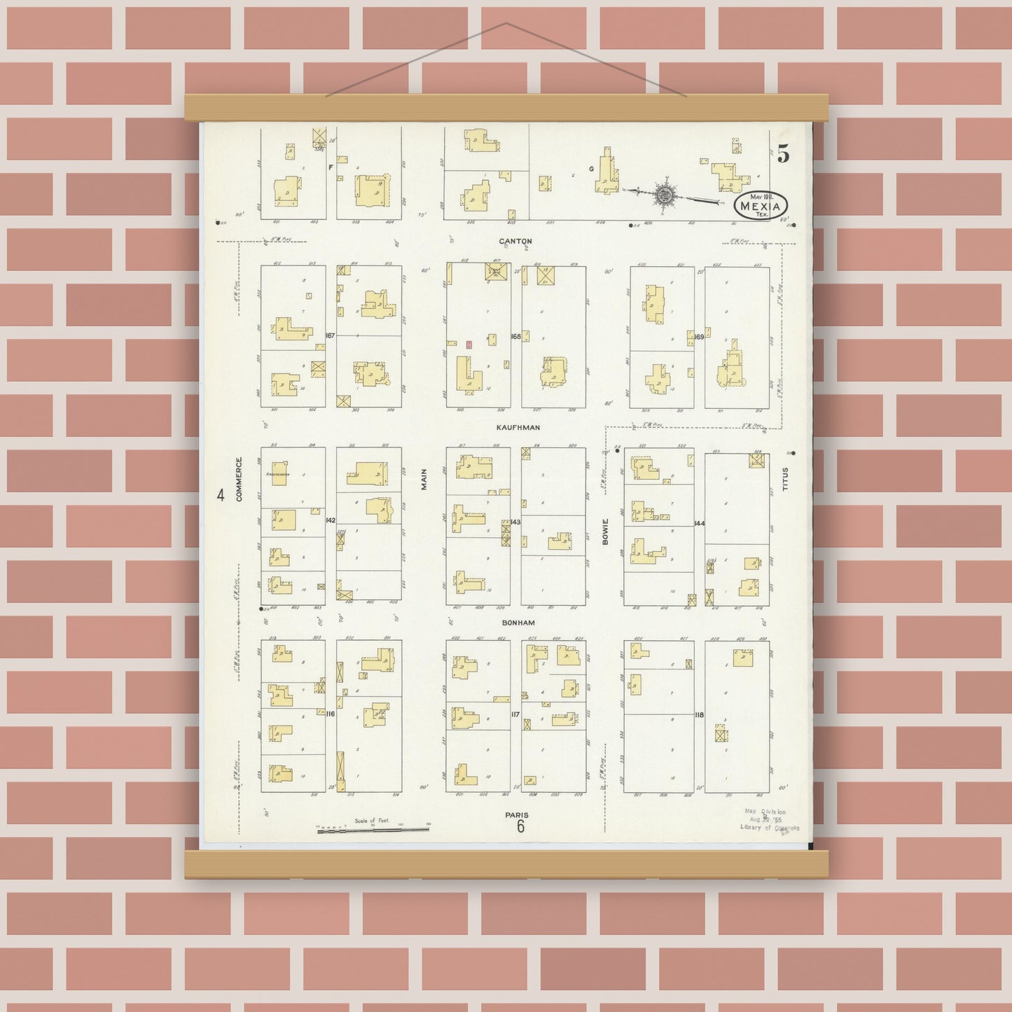 Old map wall art mockup — magnetic wood frame on brick wall — Sanborn Fire Insurance Map from Mexia, Limestone County, Texas (1911), Sheet #0005