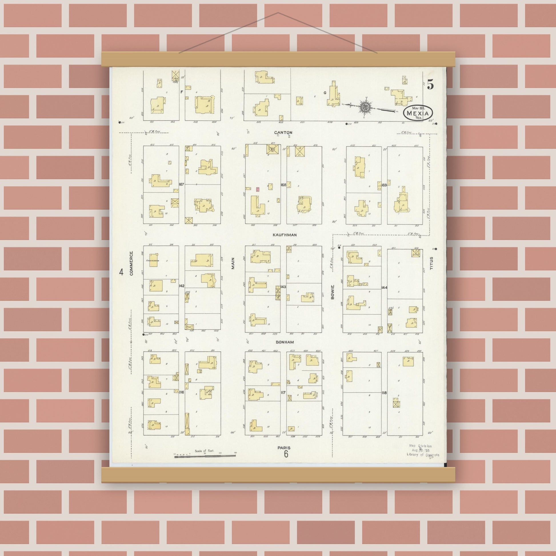 Old map wall art mockup — magnetic wood frame on brick wall — Sanborn Fire Insurance Map from Mexia, Limestone County, Texas (1911), Sheet #0005