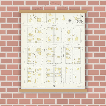 Old map wall art mockup — magnetic wood frame on brick wall — Sanborn Fire Insurance Map from Mexia, Limestone County, Texas (1911), Sheet #0005