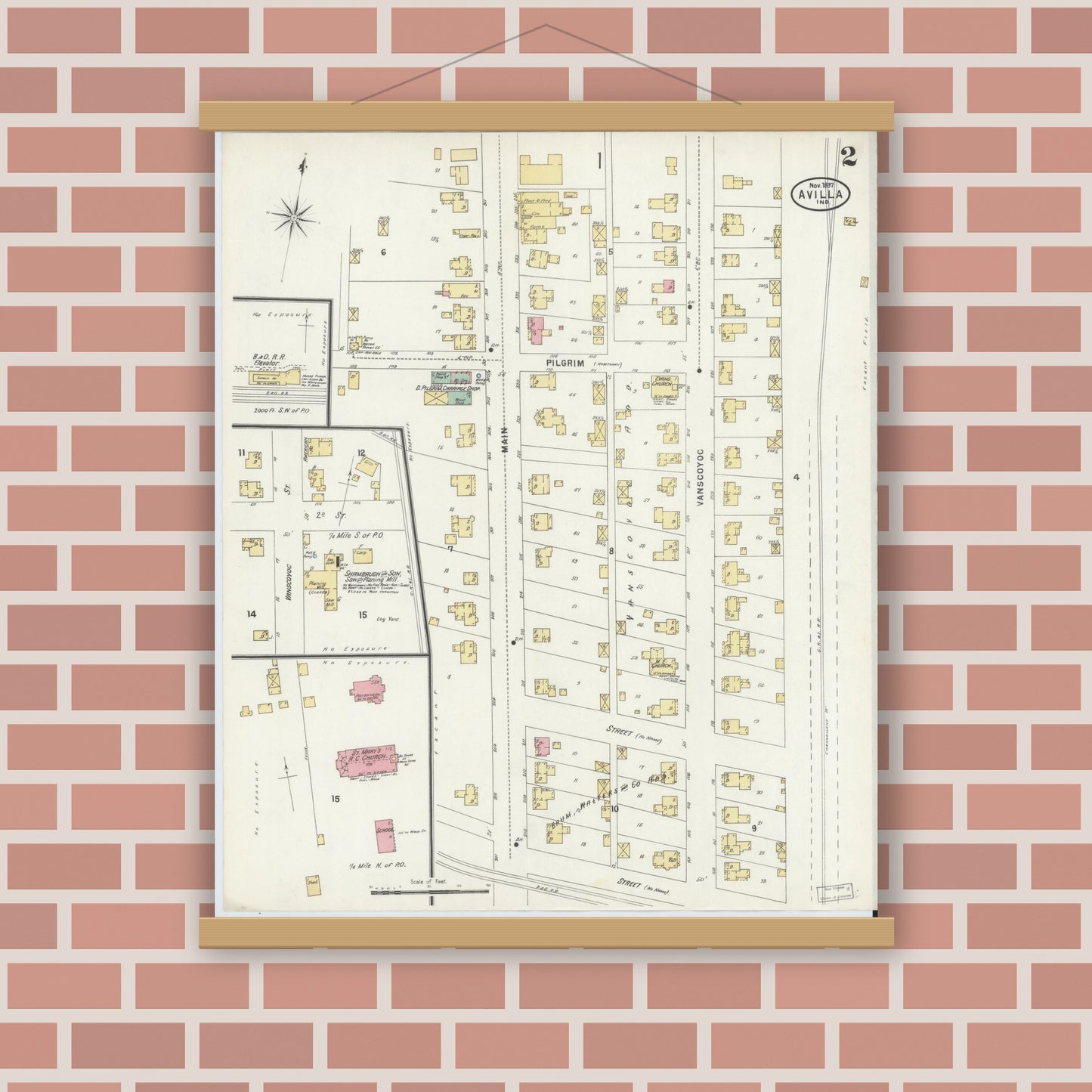 Old map wall art mockup — magnetic wood frame on brick wall — Sanborn Fire Insurance Map from Avilla, Noble County, Indiana (1897), Sheet #0002