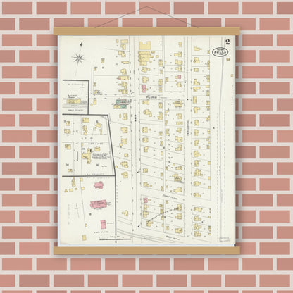Old map wall art mockup — magnetic wood frame on brick wall — Sanborn Fire Insurance Map from Avilla, Noble County, Indiana (1897), Sheet #0002