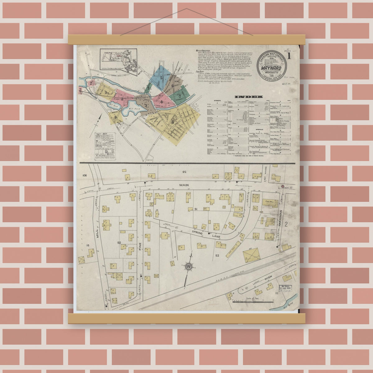 Old map wall art mockup — magnetic wood frame on brick wall — Sanborn Fire Insurance Map from Maynard, Middlesex County, Massachusetts (1915), Sheet #0001