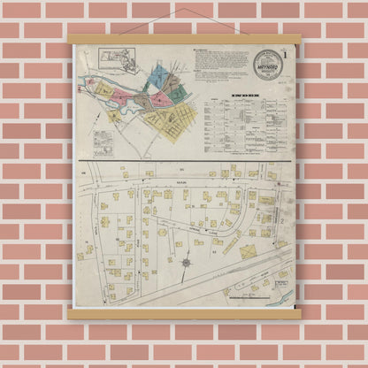 Old map wall art mockup — magnetic wood frame on brick wall — Sanborn Fire Insurance Map from Maynard, Middlesex County, Massachusetts (1915), Sheet #0001