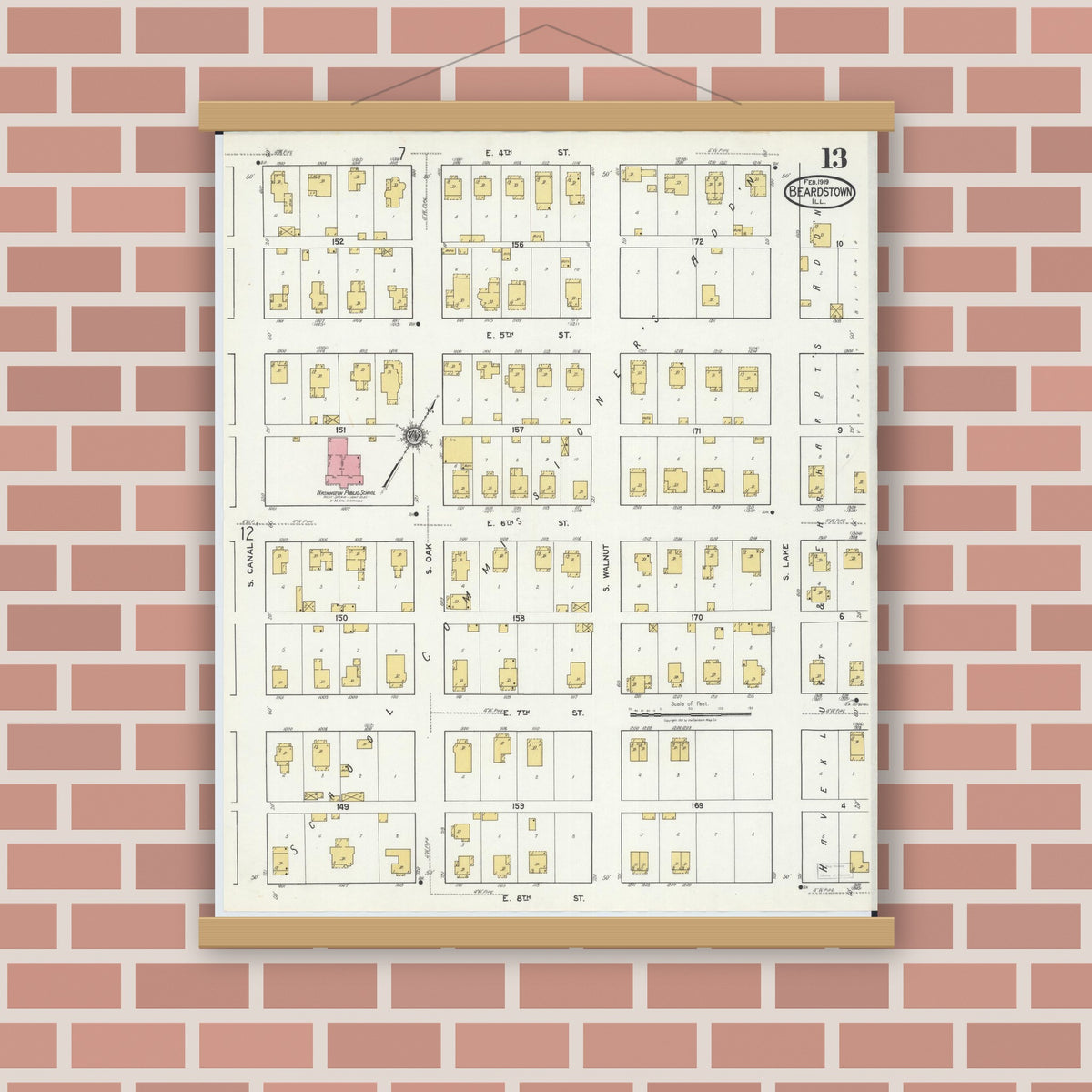 Old map wall art mockup — magnetic wood frame on brick wall — Sanborn Fire Insurance Map from Beardstown, Cass County, Illinois (1919), Sheet #0013