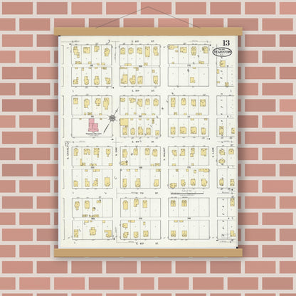 Old map wall art mockup — magnetic wood frame on brick wall — Sanborn Fire Insurance Map from Beardstown, Cass County, Illinois (1919), Sheet #0013