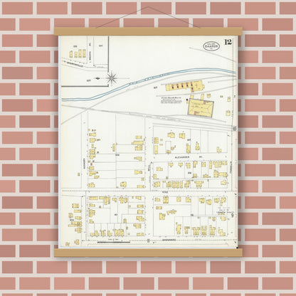 Old map wall art mockup — magnetic wood frame on brick wall — Sanborn Fire Insurance Map from Sharon, Mercer County, Pennsylvania (1903), Sheet #0012