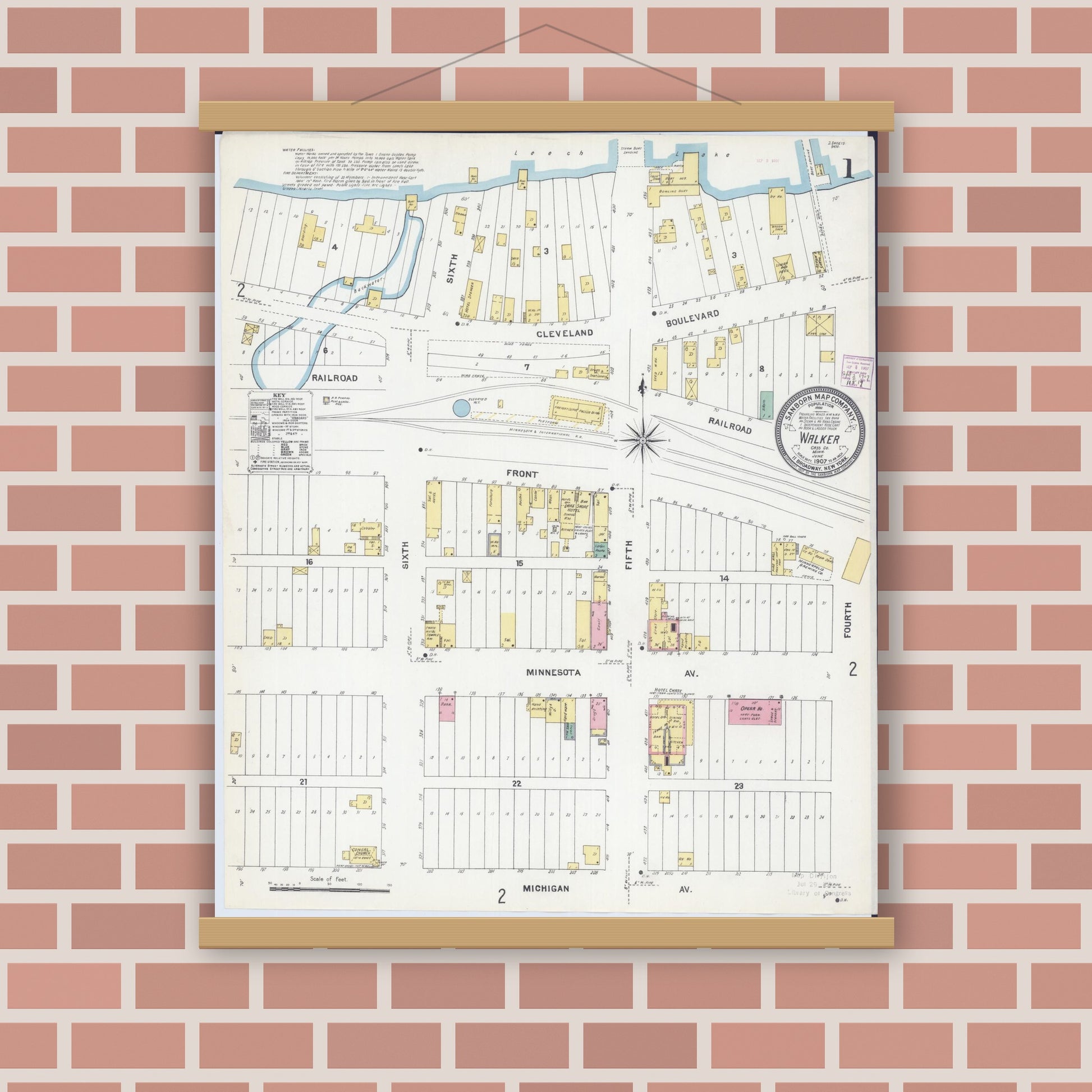 Old map wall art mockup — magnetic wood frame on brick wall — Sanborn Fire Insurance Map from Walker, Cass County, Minnesota (1907) - Complete Map Set