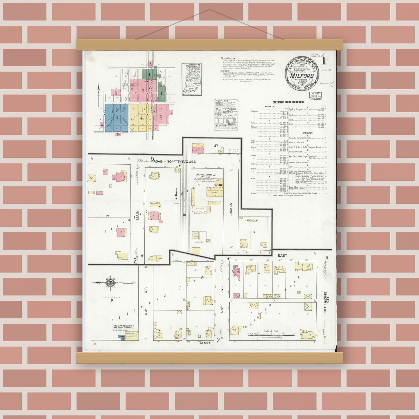 Old map wall art mockup — magnetic wood frame on brick wall — Sanborn Fire Insurance Map from Milford, Kosciusko County, Indiana (1917), Sheet #0001