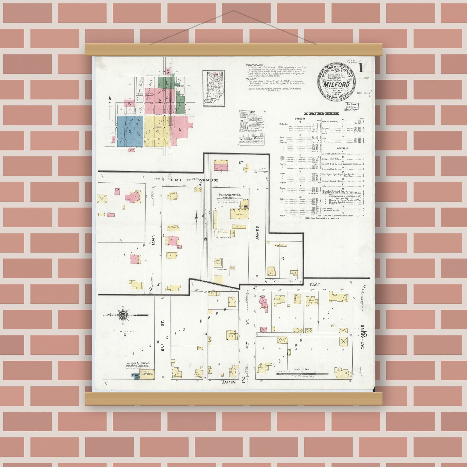 Old map wall art mockup — magnetic wood frame on brick wall — Sanborn Fire Insurance Map from Milford, Kosciusko County, Indiana (1917), Sheet #0001