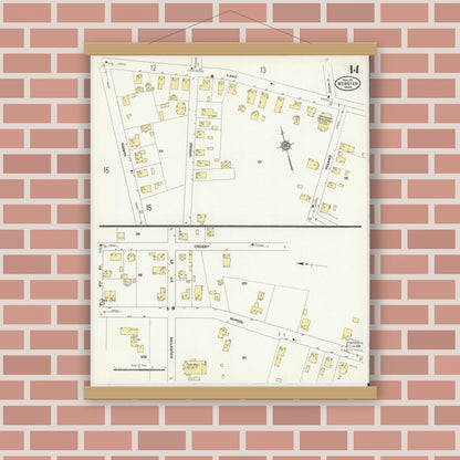 Old map wall art mockup — magnetic wood frame on brick wall — Sanborn Fire Insurance Map from Webster, Worcester County, Massachusetts (1911), Sheet #0014