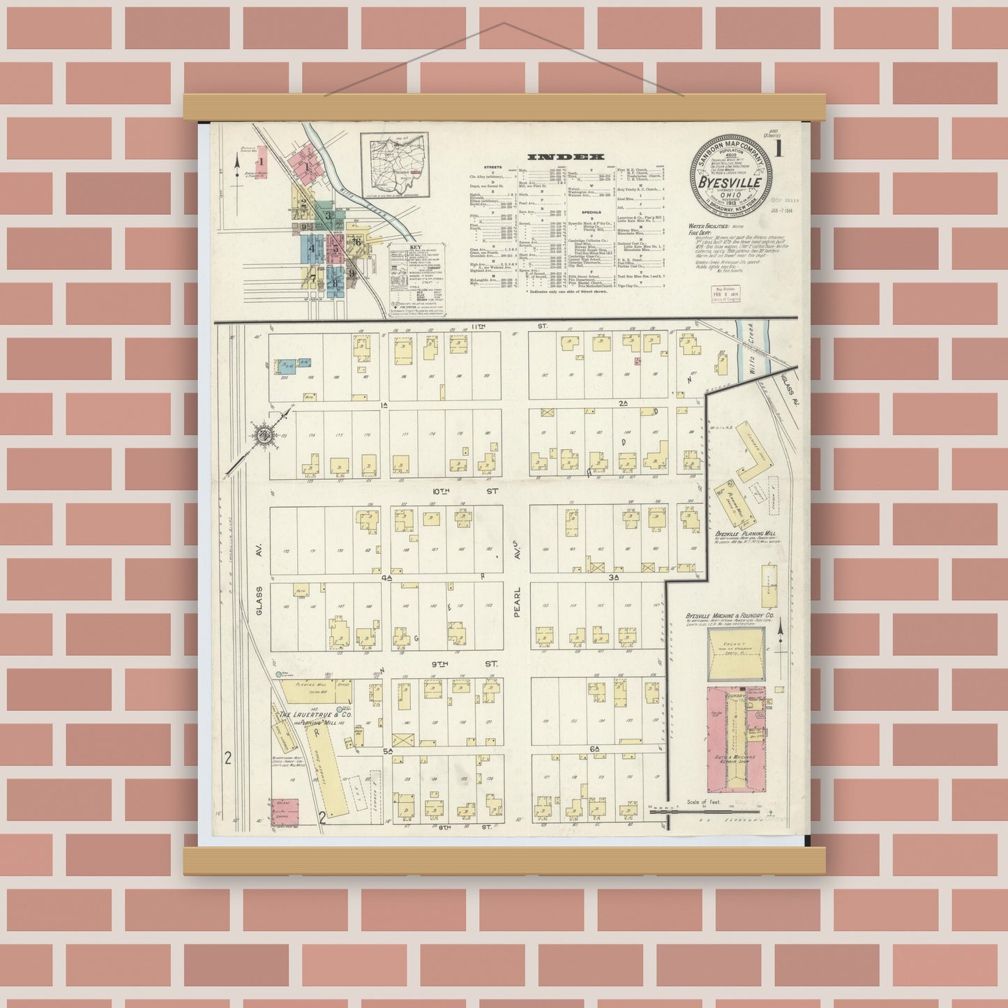 Old map wall art mockup — magnetic wood frame on brick wall — Sanborn Fire Insurance Map from Byesville, Guernsey County, Ohio (1913), Sheet #0001