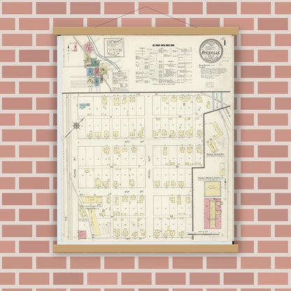 Old map wall art mockup — magnetic wood frame on brick wall — Sanborn Fire Insurance Map from Byesville, Guernsey County, Ohio (1913), Sheet #0001