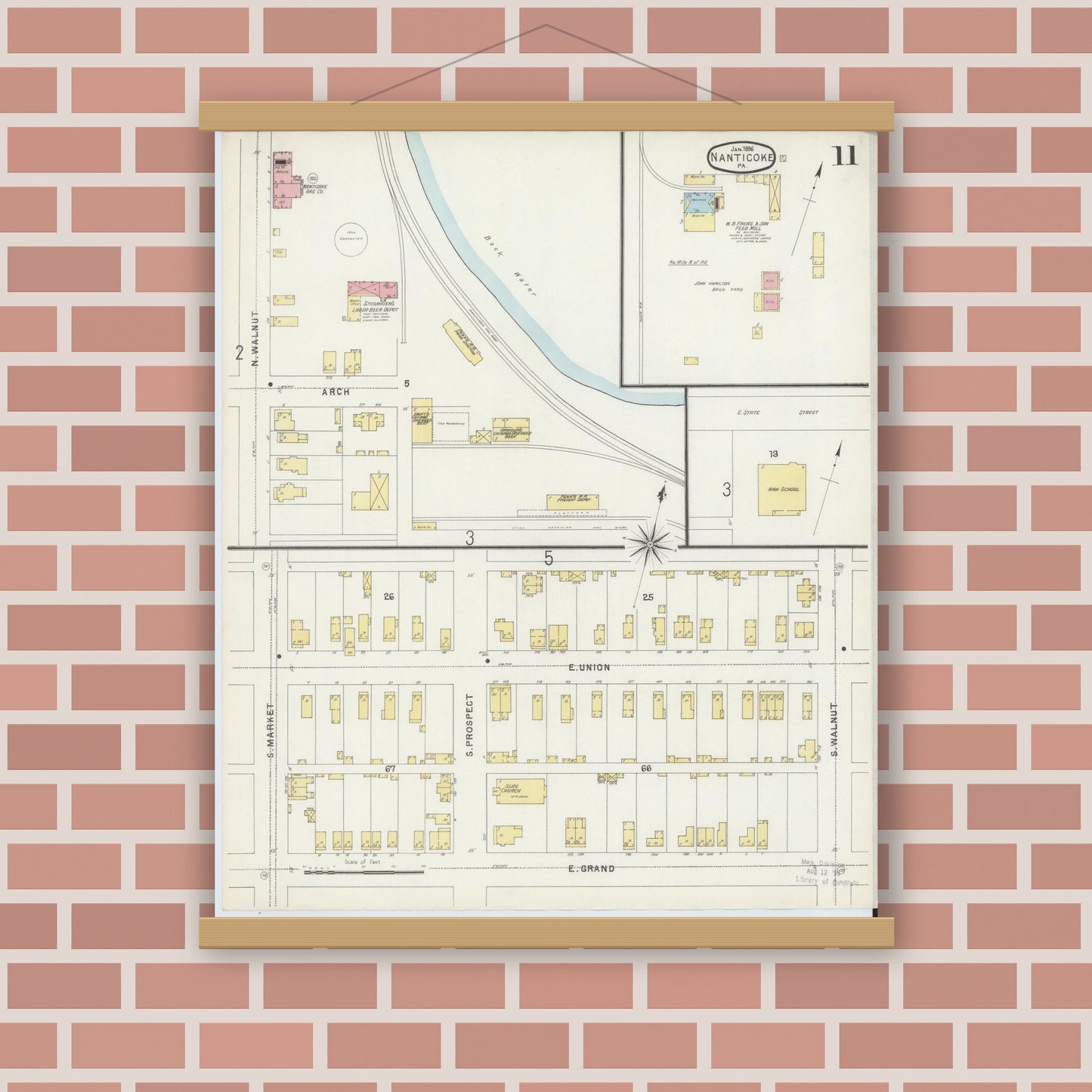 Old map wall art mockup — magnetic wood frame on brick wall — Sanborn Fire Insurance Map from Nanticoke, Luzerne County, Pennsylvania (1896), Sheet #0011
