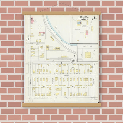 Old map wall art mockup — magnetic wood frame on brick wall — Sanborn Fire Insurance Map from Nanticoke, Luzerne County, Pennsylvania (1896), Sheet #0011