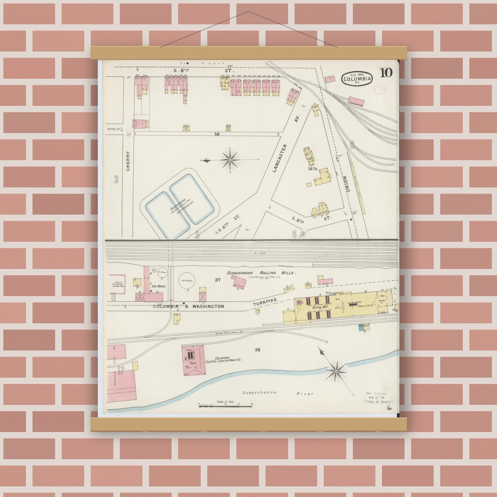 Old map wall art mockup — magnetic wood frame on brick wall — Sanborn Fire Insurance Map from Columbia, Lancaster County, Pennsylvania (1894), Sheet #0010