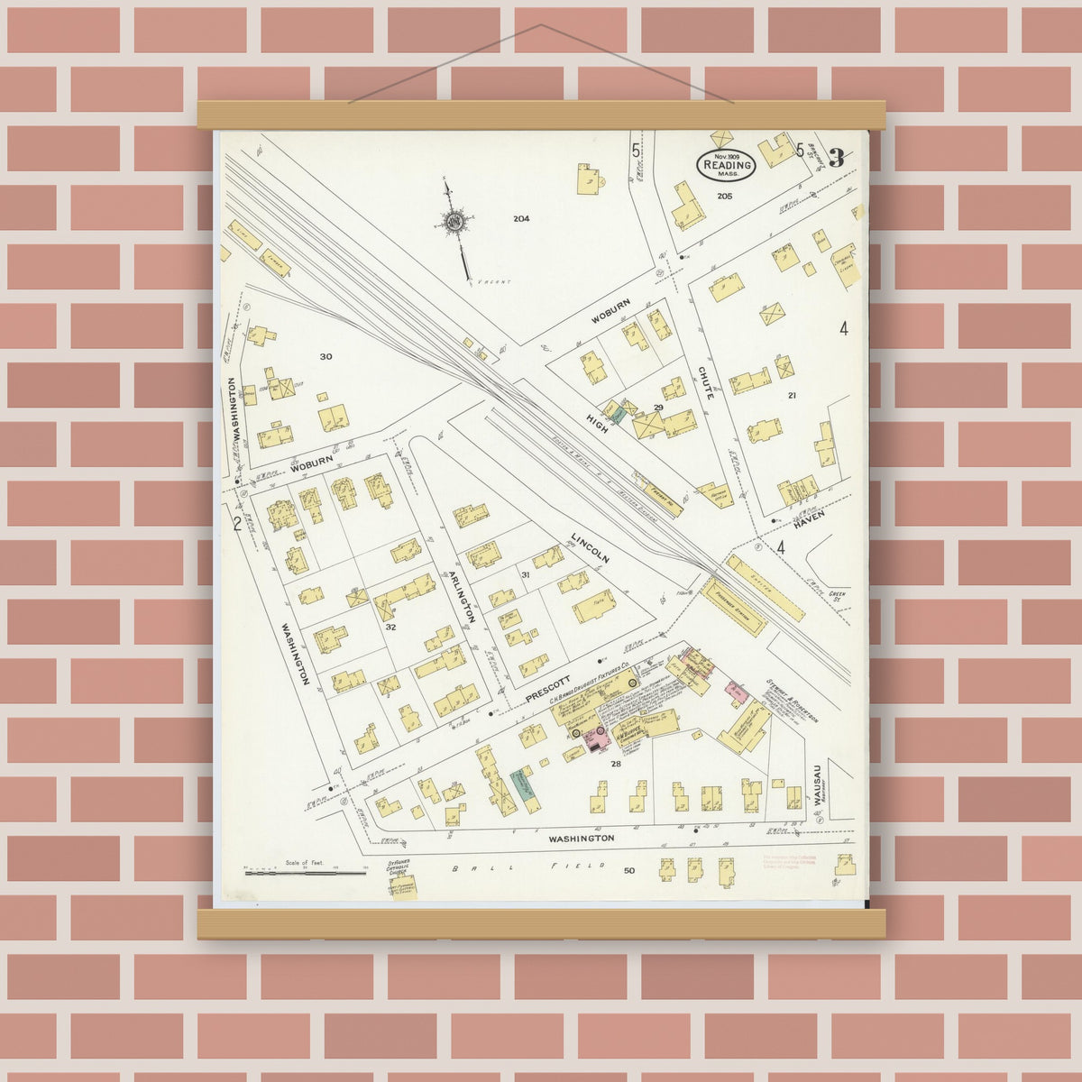 Old map wall art mockup — magnetic wood frame on brick wall — Sanborn Fire Insurance Map from Reading, Middlesex County, Massachusetts (1909), Sheet #0003