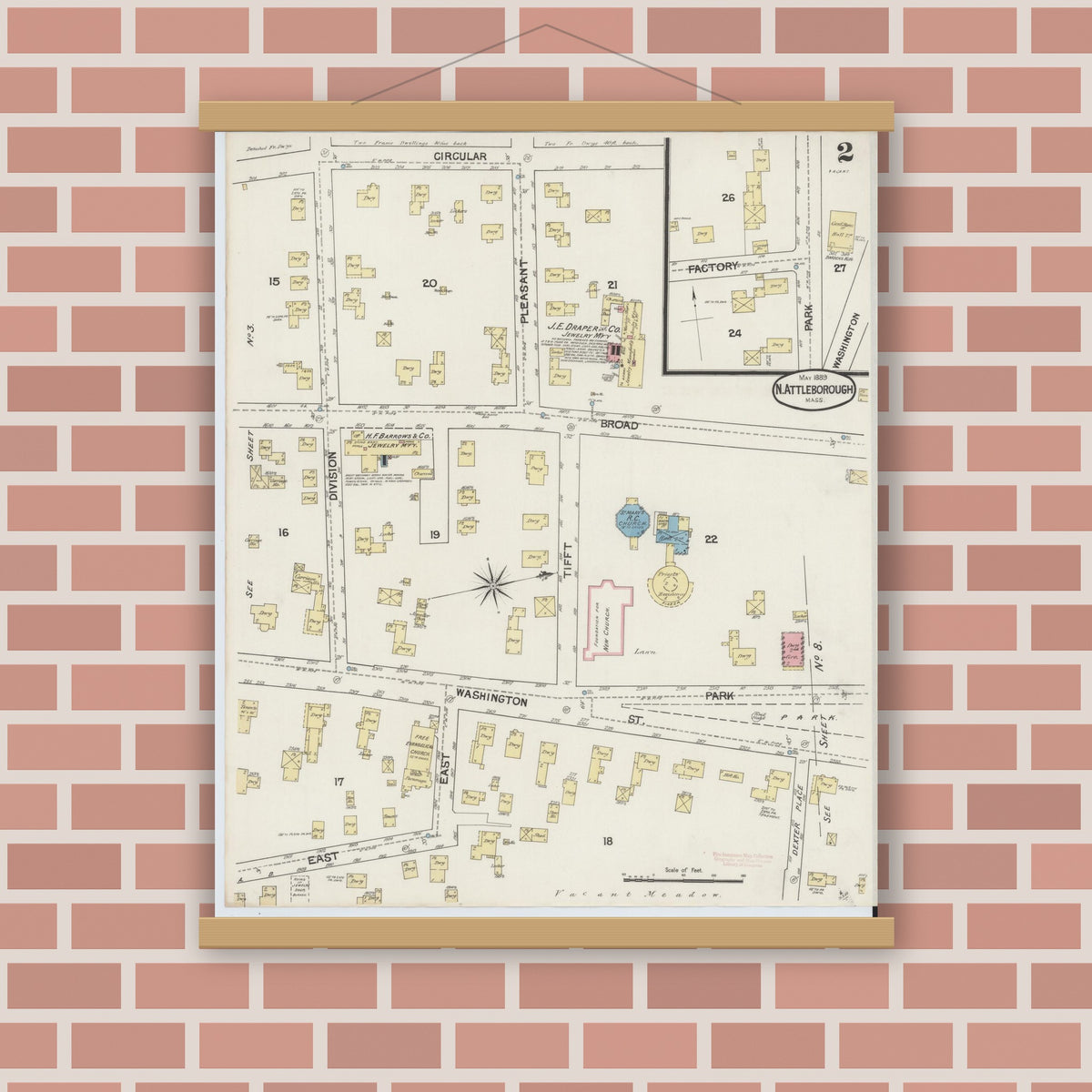 Old map wall art mockup — magnetic wood frame on brick wall — Sanborn Fire Insurance Map from North Attleborough, Bristol County, Massachusetts (1889), Sheet #0002