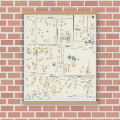 Old map wall art mockup — magnetic wood frame on brick wall — Sanborn Fire Insurance Map from North Attleborough, Bristol County, Massachusetts (1889), Sheet #0002