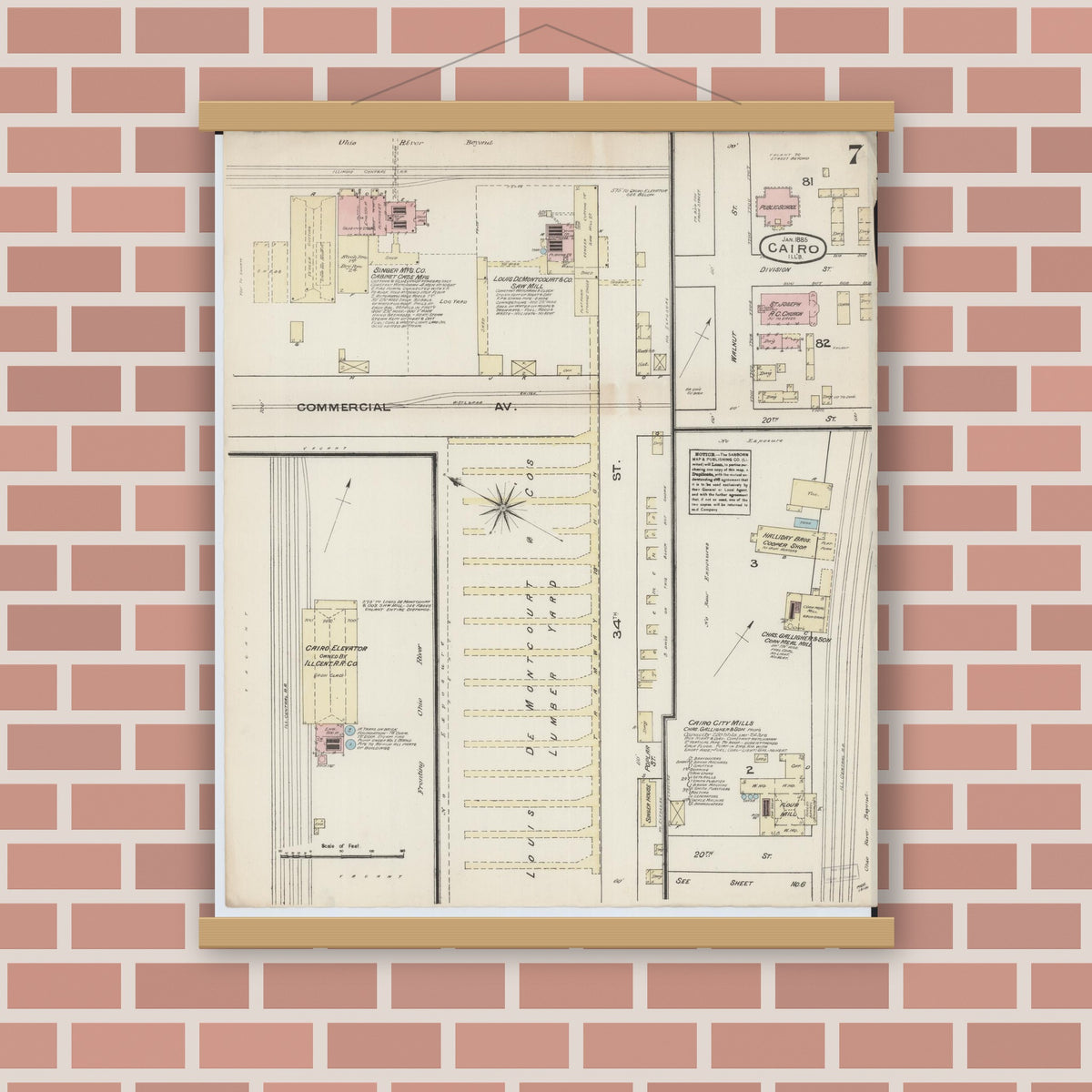 Old map wall art mockup — magnetic wood frame on brick wall — Sanborn Fire Insurance Map from Cairo, Alexander County, Illinois (1885), Sheet #0007
