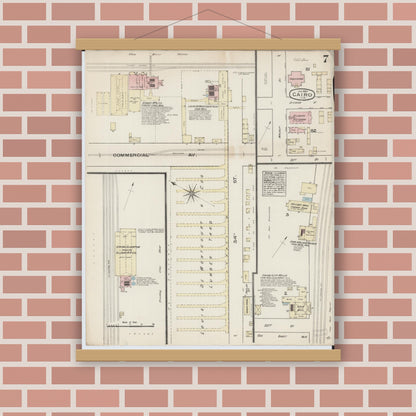 Old map wall art mockup — magnetic wood frame on brick wall — Sanborn Fire Insurance Map from Cairo, Alexander County, Illinois (1885), Sheet #0007