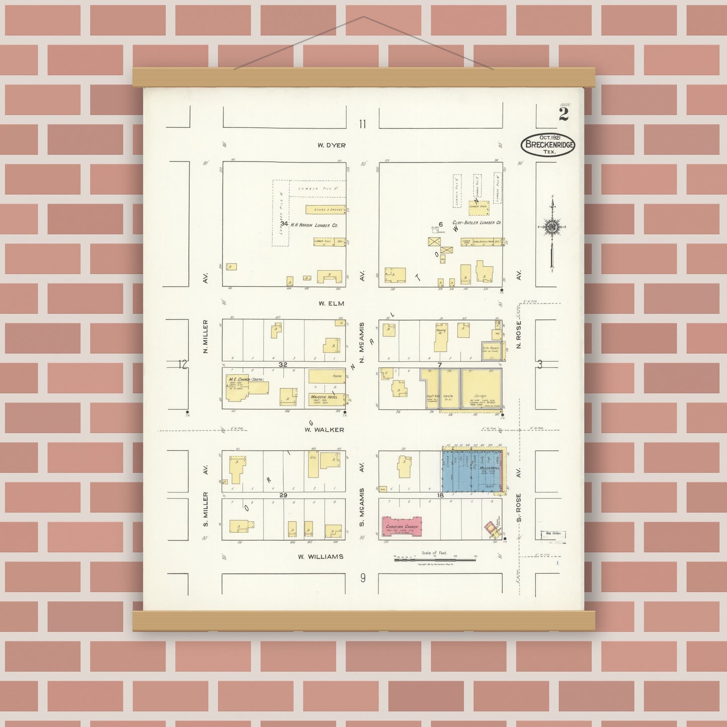 Old map wall art mockup — magnetic wood frame on brick wall — Sanborn Fire Insurance Map from Breckenridge, Stephens County, Texas (1921), Sheet #0002