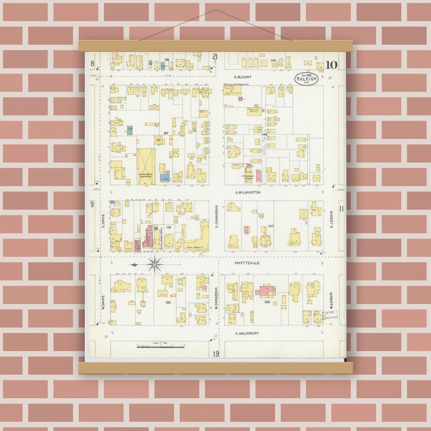Old map wall art mockup — magnetic wood frame on brick wall — Sanborn Fire Insurance Map from Raleigh, Wake County, North Carolina (1903), Sheet #0010